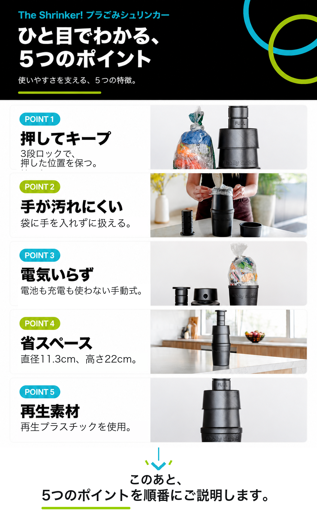 押してキープ、手が汚れにくい、電気いらず、省スペース、再生素材の5つのポイント